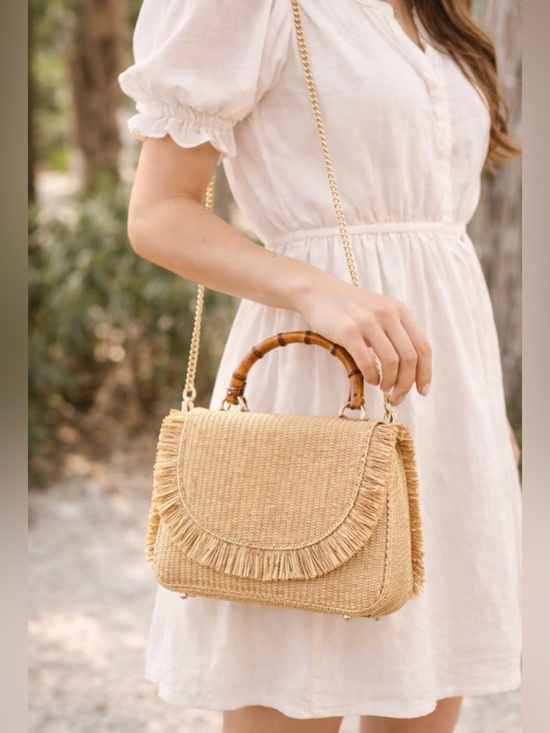 Tommy Bahama Handbags - Tommy Bahama Bamboo Handle Raffia Fringe Crossbody Bag Luxe Resort Boho Beach